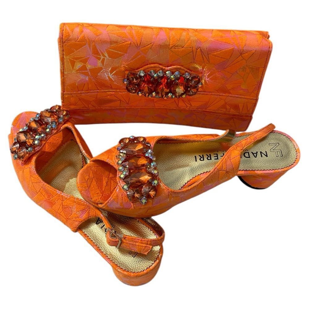 Nadia Ferri Orange Bejeweled Heels and Clutch Set